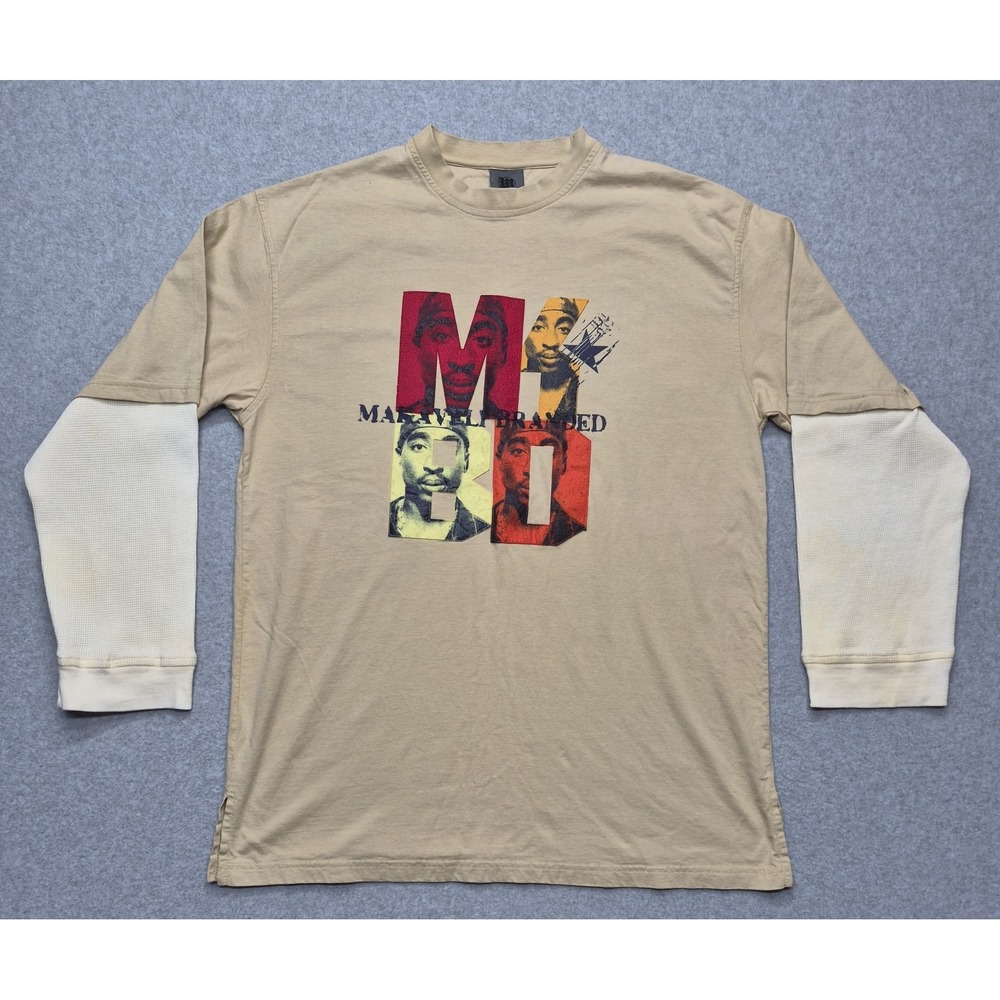 Vintage Makaveli Branded Shirt Mens XL Beige Long Sleeve Hip Hop Tupac Y2K